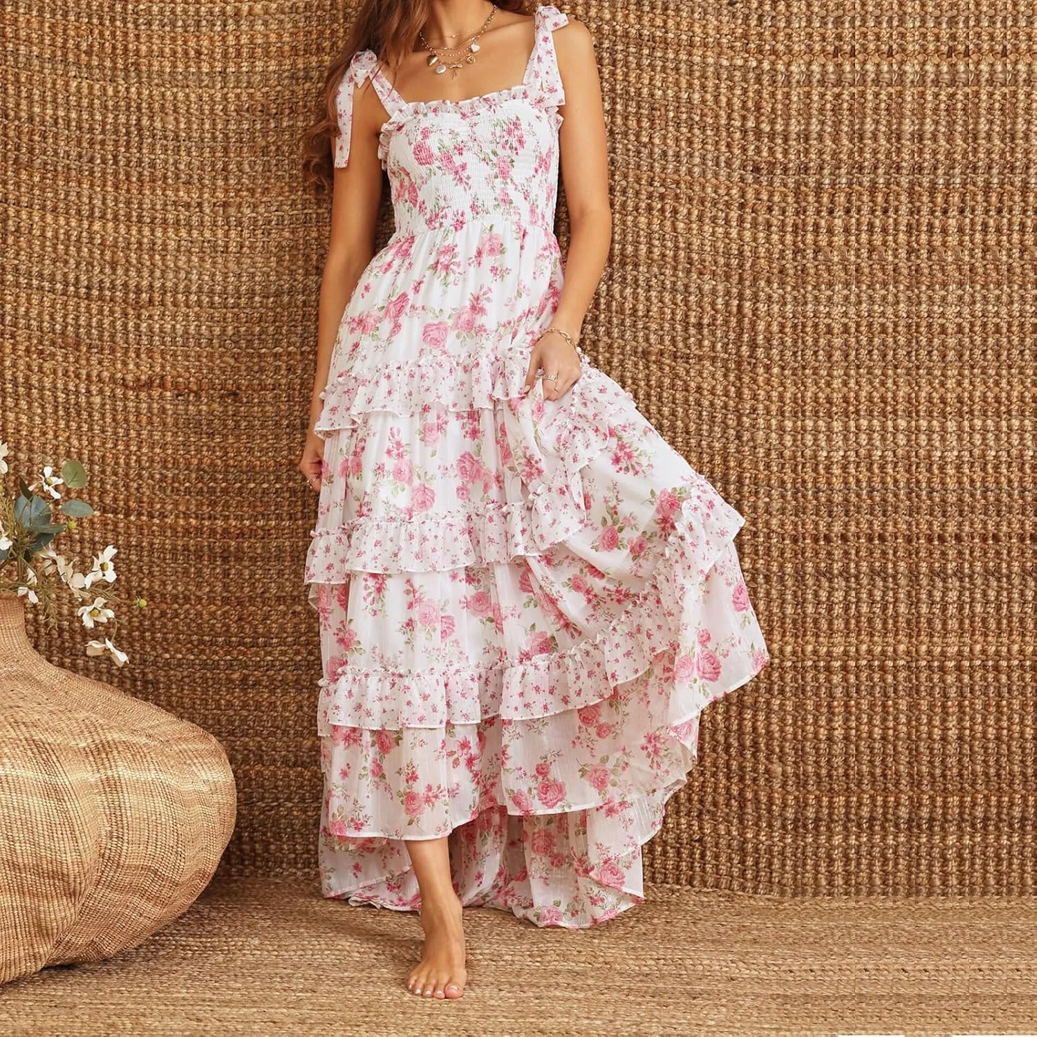 Women Boho Floral Smocked Maxi Dress Y2k Patchwork Lace Layered Long Beach Dress Casual Flowy Summer Sundress