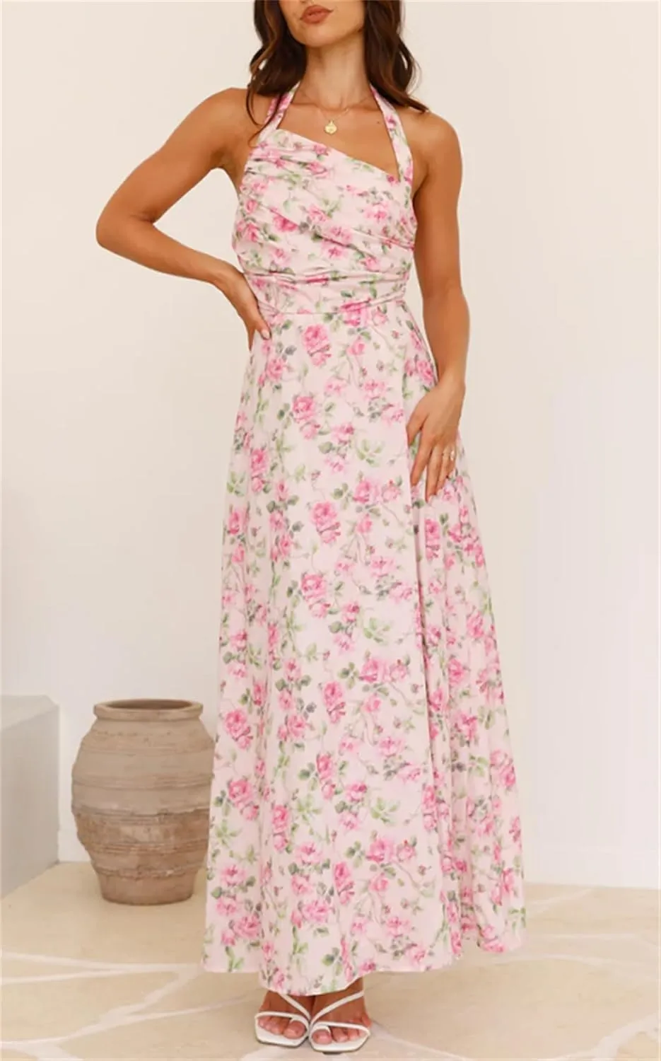 Women Boho Floral Smocked Maxi Dress Y2k Patchwork Lace Layered Long Beach Dress Casual Flowy Summer Sundress