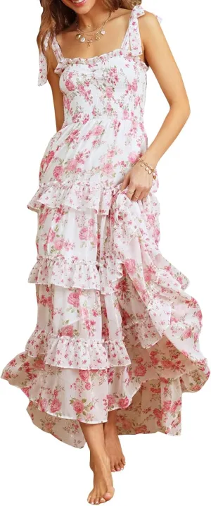 Women Boho Floral Smocked Maxi Dress Y2k Patchwork Lace Layered Long Beach Dress Casual Flowy Summer Sundress
