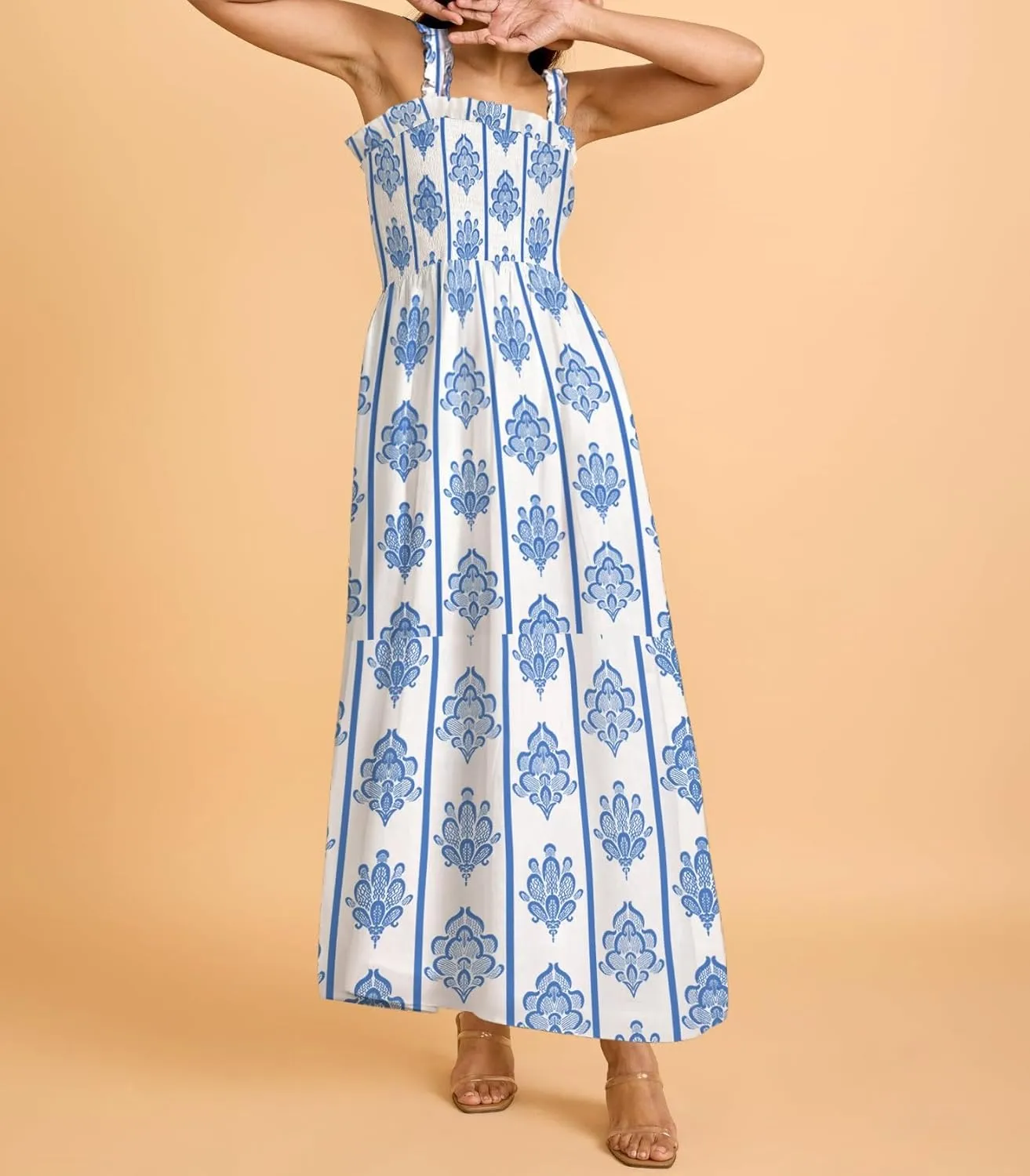 Women Boho Maxi Dresses Floral Spaghetti Straps Casual Smocked Beach Dress Square Neck A-line Flowy Sundress 2025 Summer