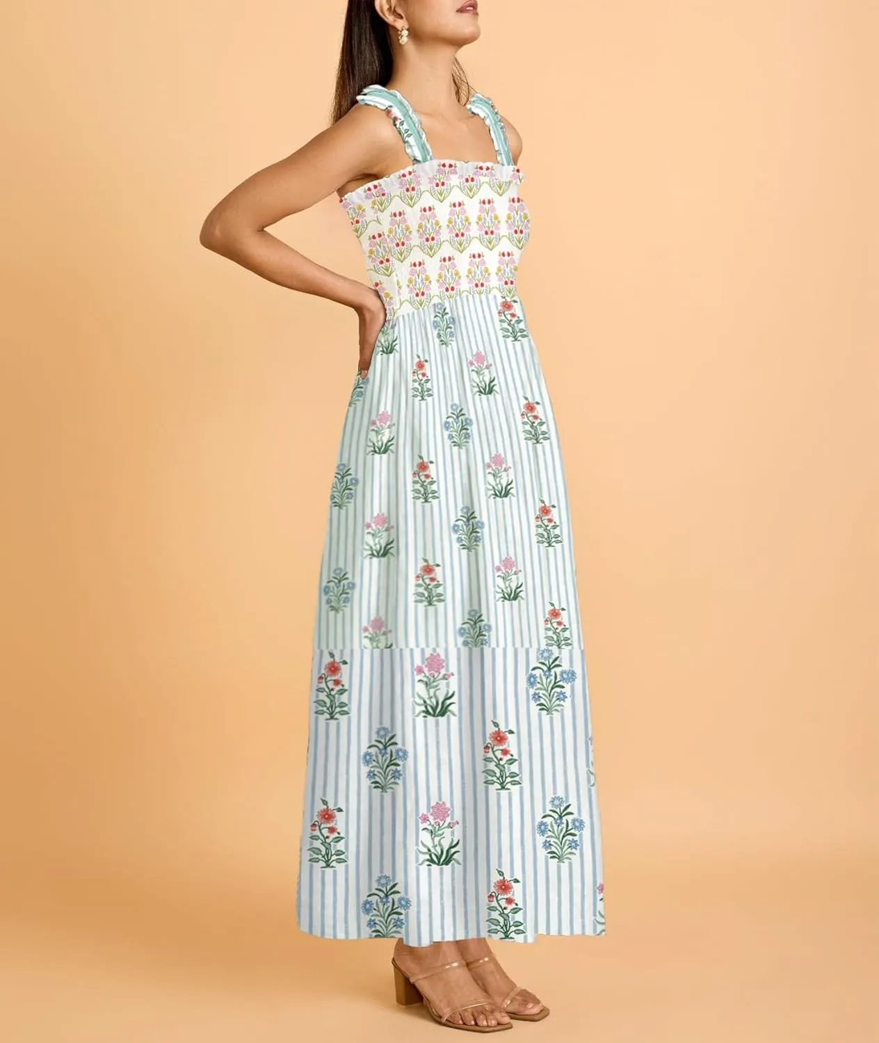 Women Boho Maxi Dresses Floral Spaghetti Straps Casual Smocked Beach Dress Square Neck A-line Flowy Sundress 2025 Summer