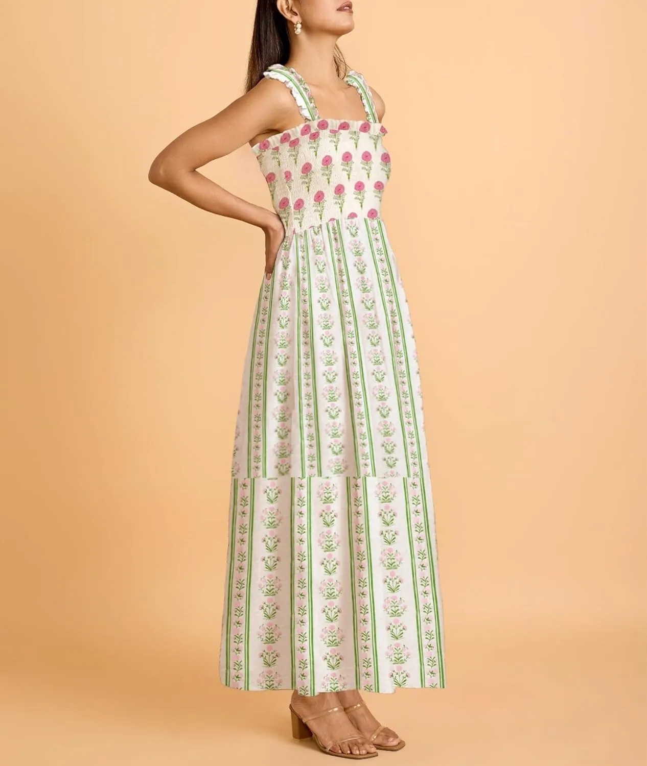 Women Boho Maxi Dresses Floral Spaghetti Straps Casual Smocked Beach Dress Square Neck A-line Flowy Sundress 2025 Summer