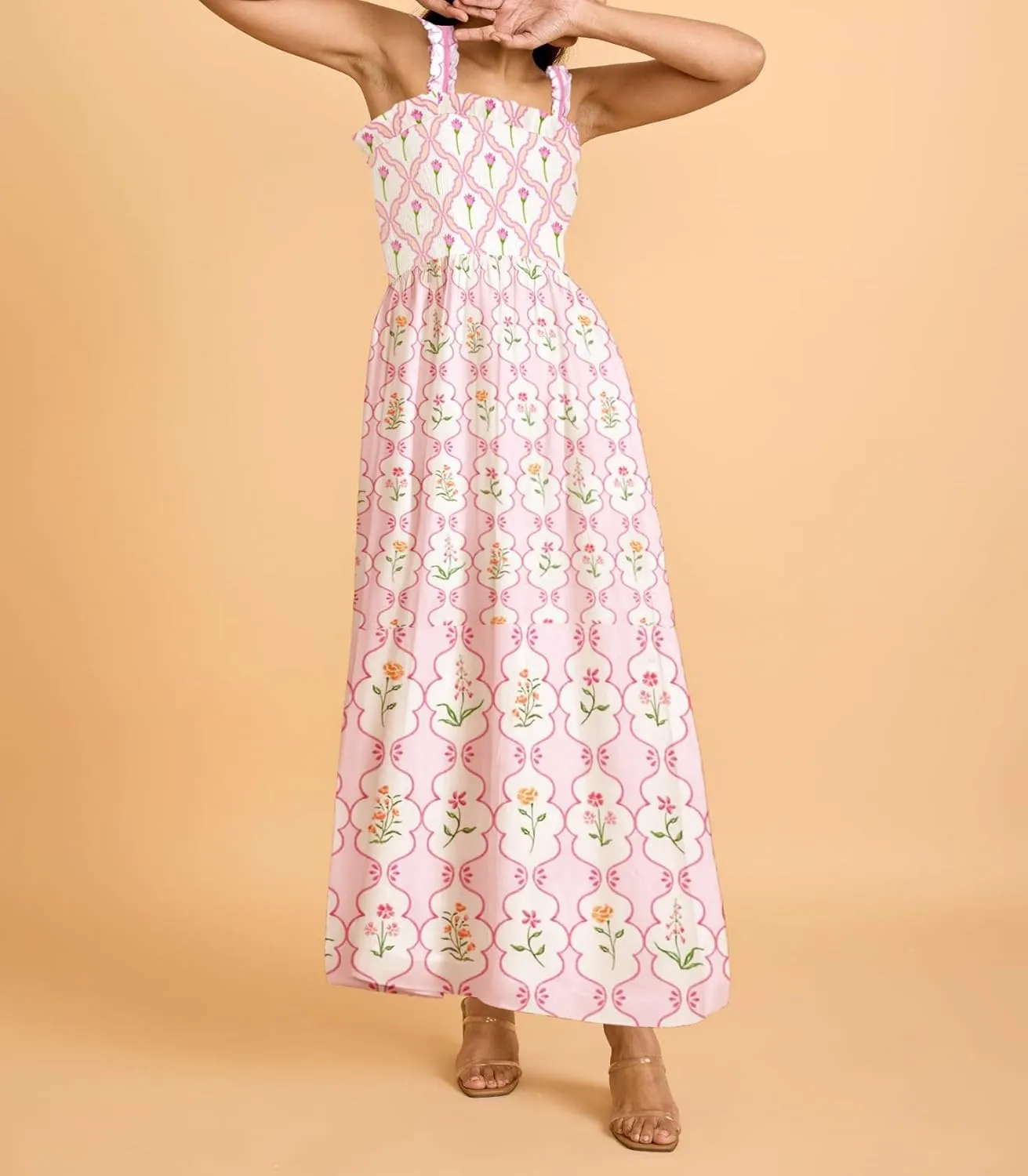 Women Boho Maxi Dresses Floral Spaghetti Straps Casual Smocked Beach Dress Square Neck A-line Flowy Sundress 2025 Summer