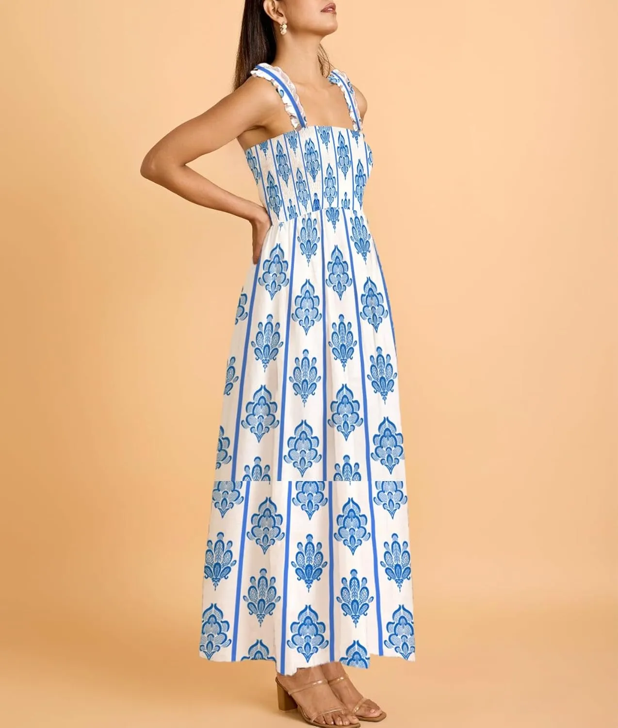 Women Boho Maxi Dresses Floral Spaghetti Straps Casual Smocked Beach Dress Square Neck A-line Flowy Sundress 2025 Summer