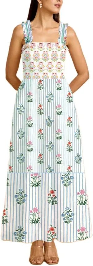 Women Boho Maxi Dresses Floral Spaghetti Straps Casual Smocked Beach Dress Square Neck A-line Flowy Sundress 2025 Summer