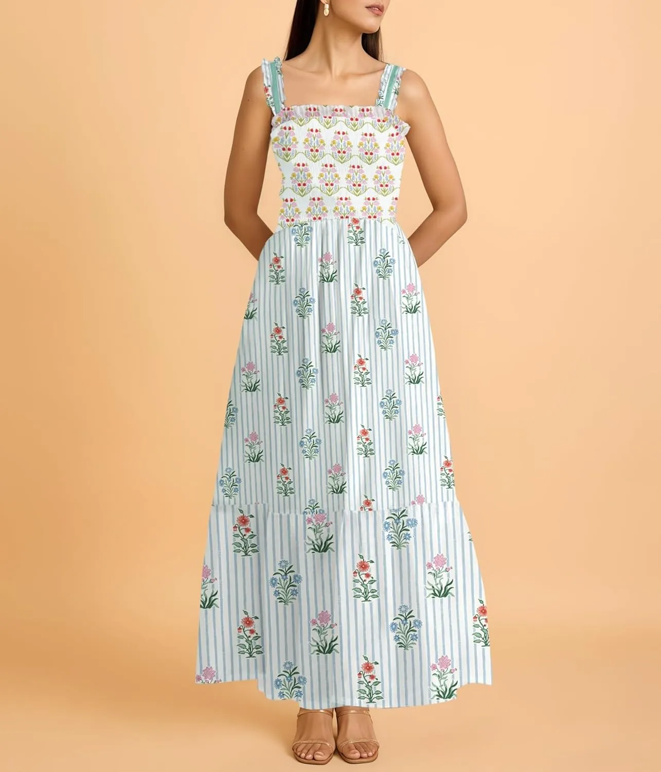 Women Boho Maxi Dresses Floral Spaghetti Straps Casual Smocked Beach Dress Square Neck A-line Flowy Sundress 2025 Summer