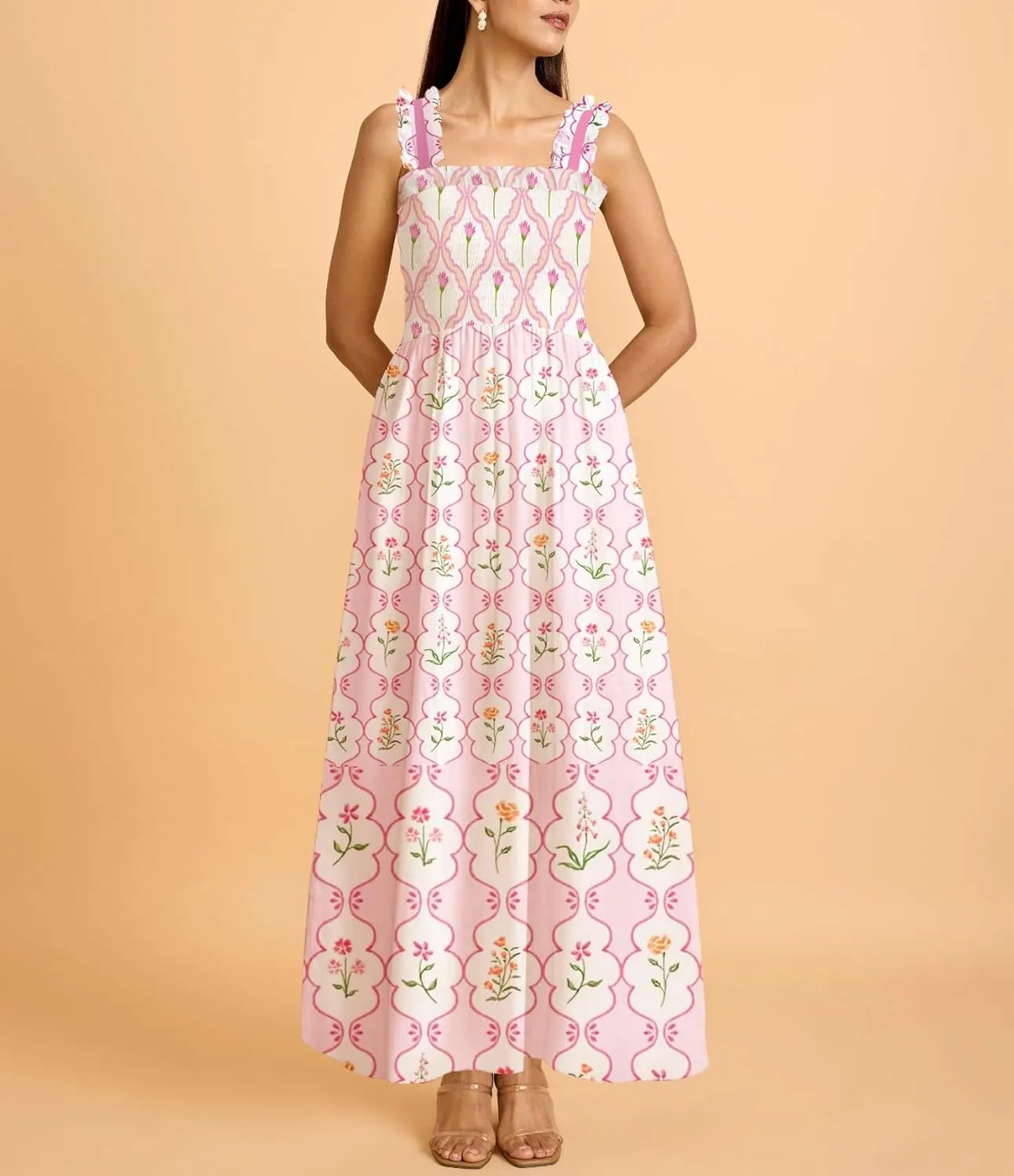 Women Boho Maxi Dresses Floral Spaghetti Straps Casual Smocked Beach Dress Square Neck A-line Flowy Sundress 2025 Summer