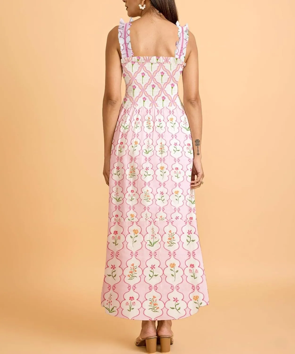 Women Boho Maxi Dresses Floral Spaghetti Straps Casual Smocked Beach Dress Square Neck A-line Flowy Sundress 2025 Summer