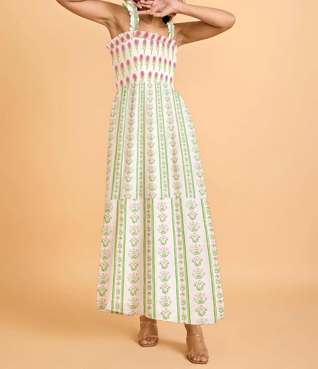 Women Boho Maxi Dresses Floral Spaghetti Straps Casual Smocked Beach Dress Square Neck A-line Flowy Sundress 2025 Summer