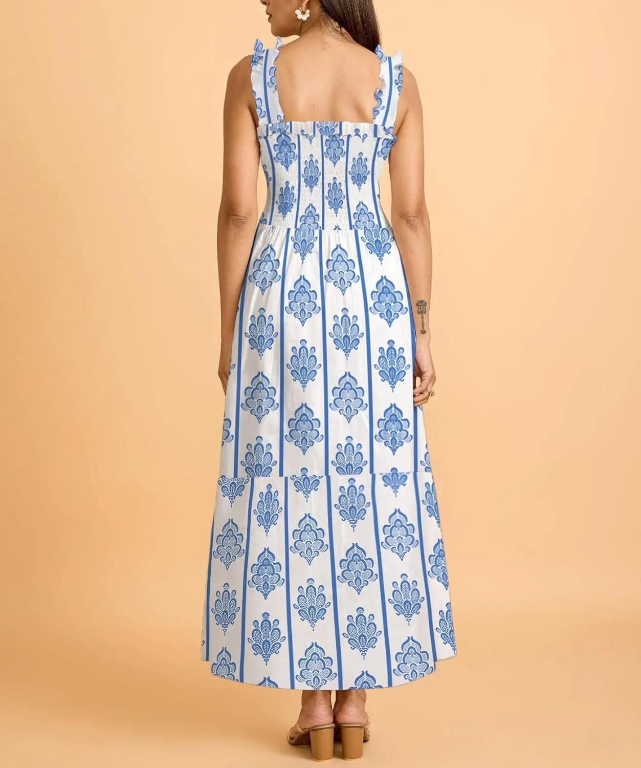 Women Boho Maxi Dresses Floral Spaghetti Straps Casual Smocked Beach Dress Square Neck A-line Flowy Sundress 2025 Summer