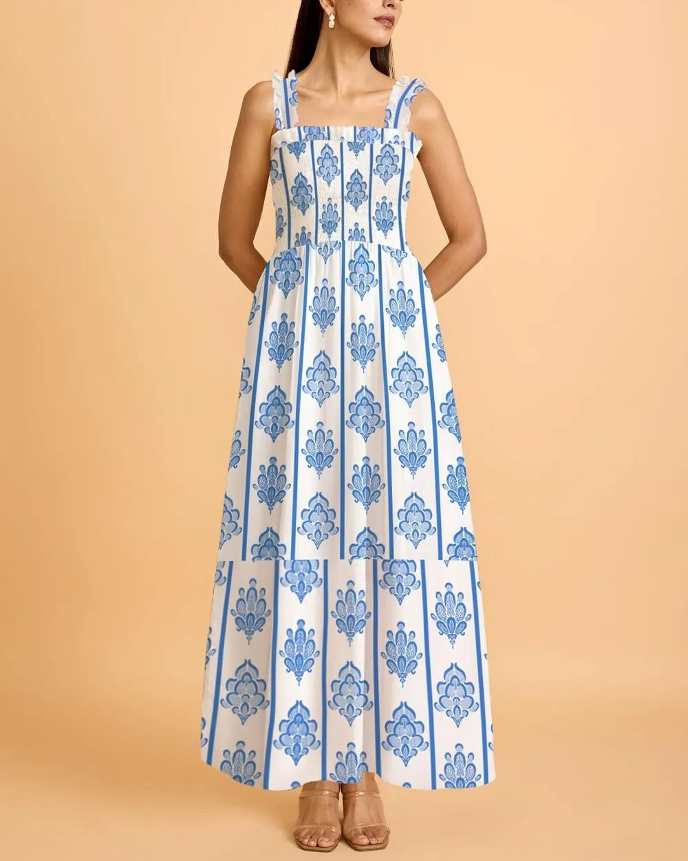 Women Boho Maxi Dresses Floral Spaghetti Straps Casual Smocked Beach Dress Square Neck A-line Flowy Sundress 2025 Summer