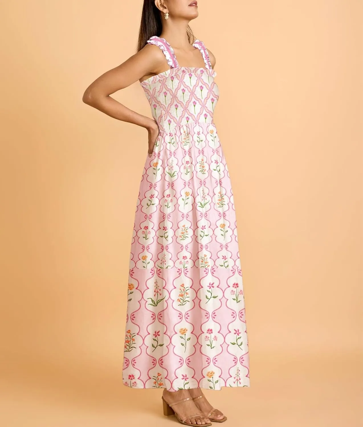 Women Boho Maxi Dresses Floral Spaghetti Straps Casual Smocked Beach Dress Square Neck A-line Flowy Sundress 2025 Summer