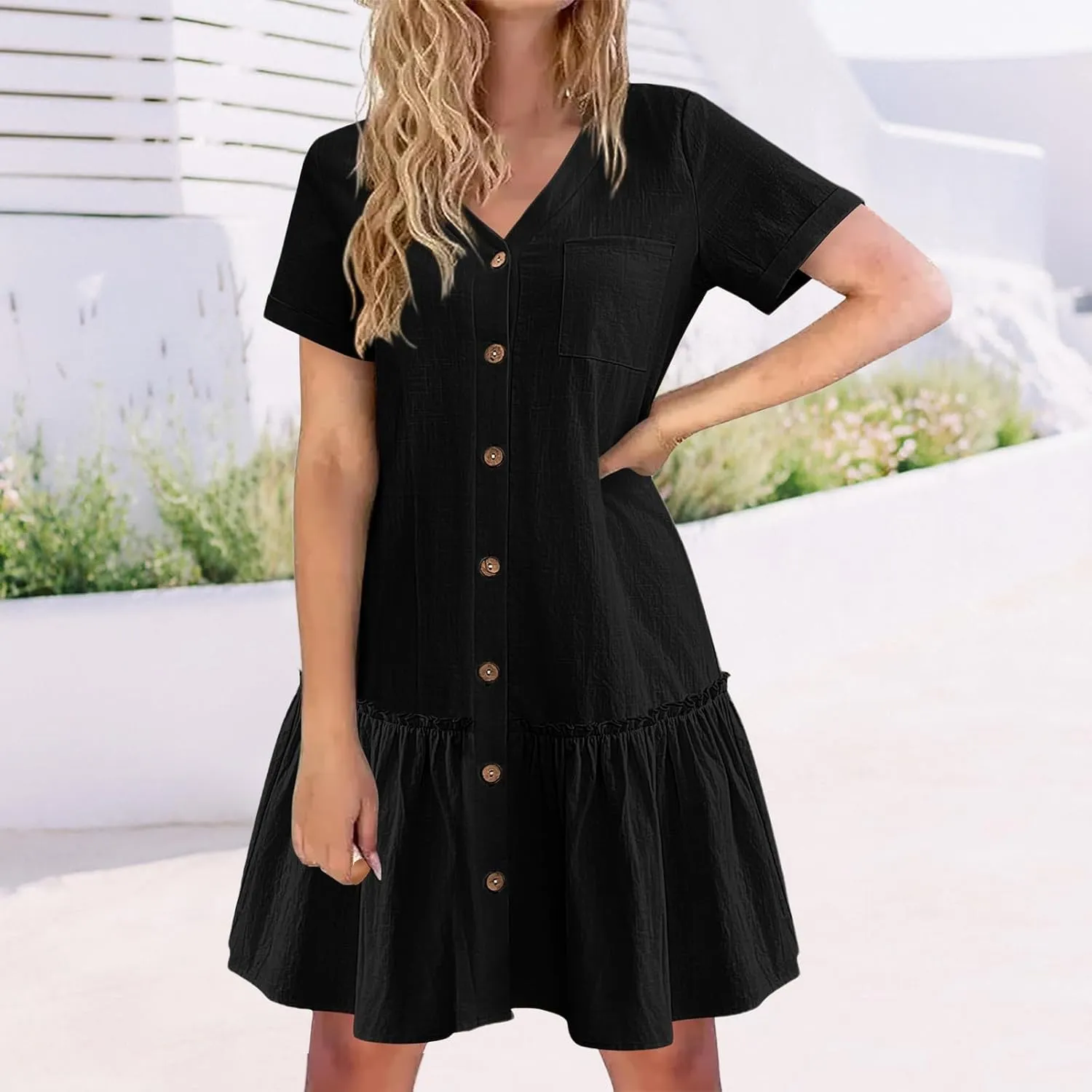 Women Button Down Dress V Neck Tiered Ruffle Hem Mini Dresses Summer Short Sleeve Dress Flowy Swing Sundress