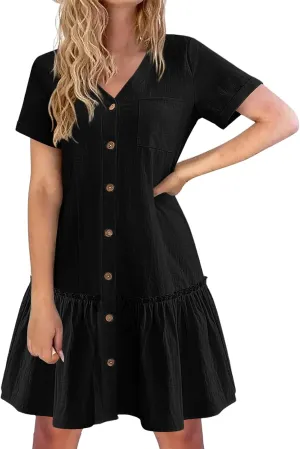 Women Button Down Dress V Neck Tiered Ruffle Hem Mini Dresses Summer Short Sleeve Dress Flowy Swing Sundress