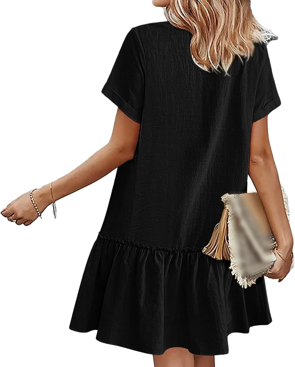 Women Button Down Dress V Neck Tiered Ruffle Hem Mini Dresses Summer Short Sleeve Dress Flowy Swing Sundress