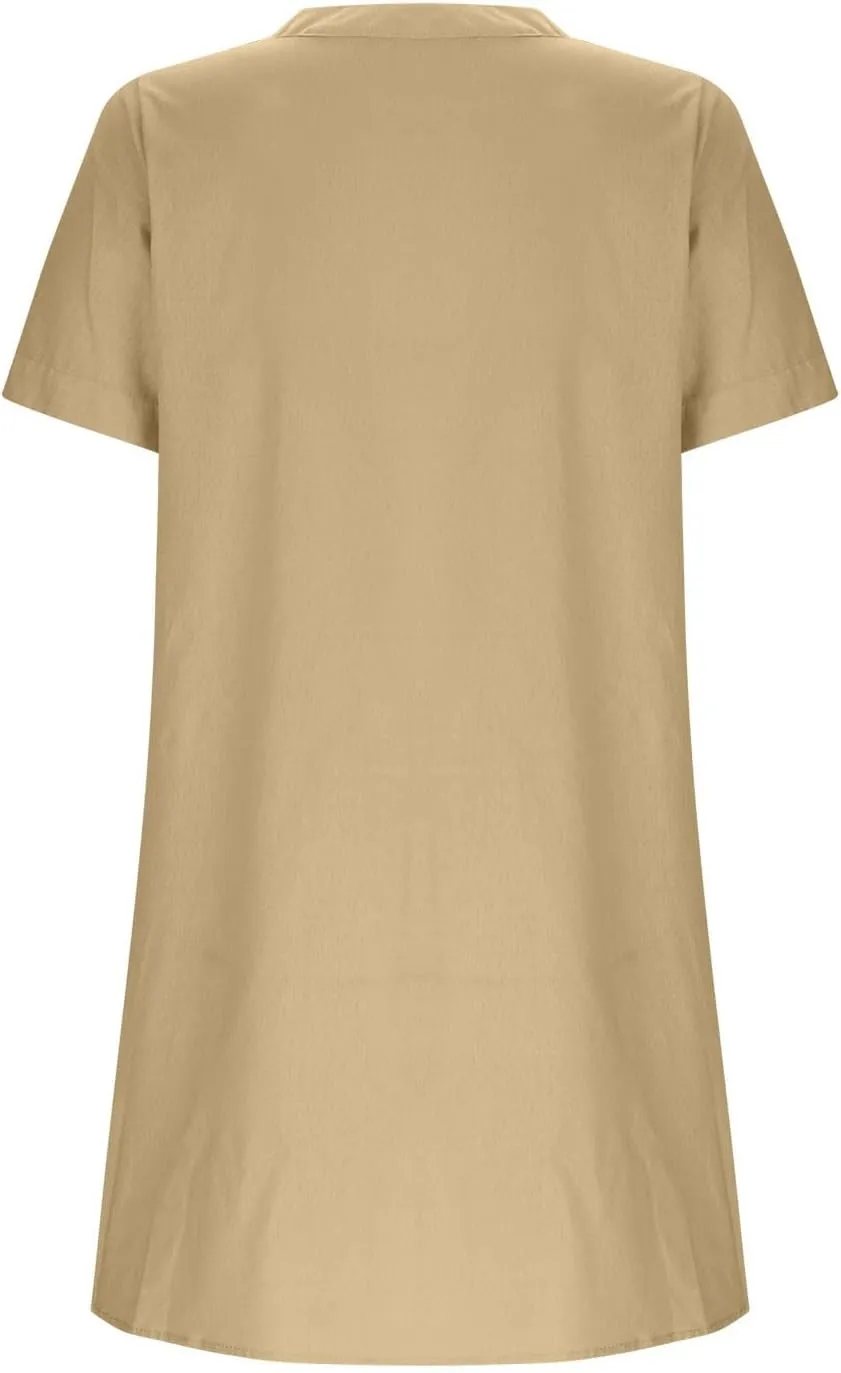 Women Button Down T Shirt Dress 2025 V-Neck Short Sleeve Mini Dress Business Casual Work Shift Dresses with Pockets