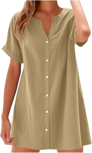 Women Button Down T Shirt Dress 2025 V-Neck Short Sleeve Mini Dress Business Casual Work Shift Dresses with Pockets