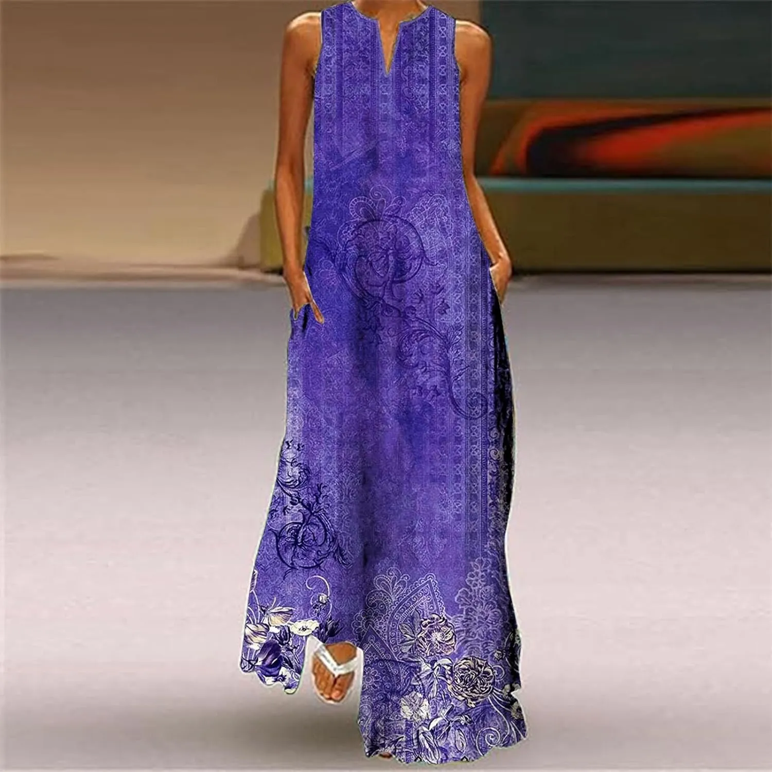 Women Casual Baggy Sundress Sleeveless V Neck Maxi Long Beach Shirt Dress Travel Vacation 2025 Summer Loose Outfits