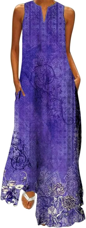Women Casual Baggy Sundress Sleeveless V Neck Maxi Long Beach Shirt Dress Travel Vacation 2025 Summer Loose Outfits