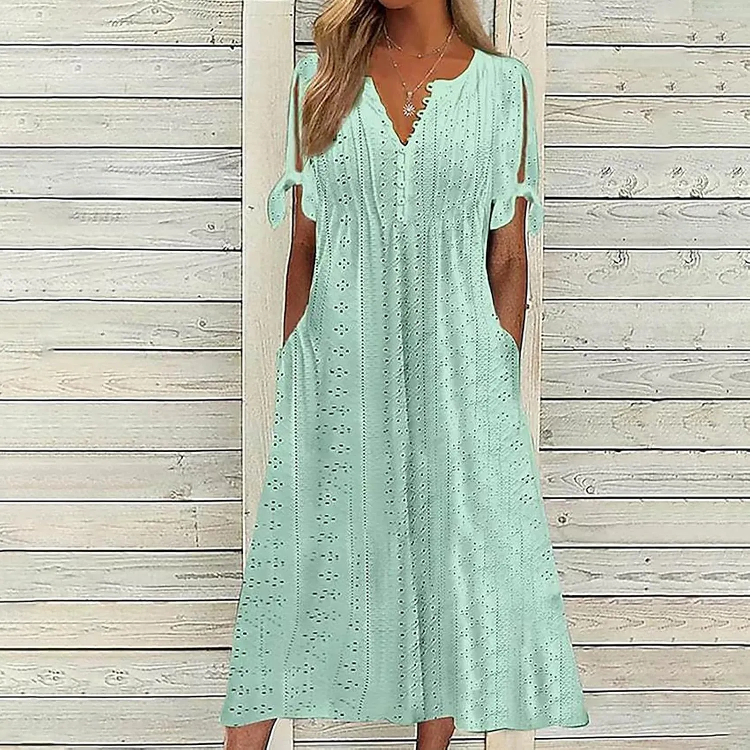 Women Casual Dress with Pocket, Summer Button V Neck Eyelet Midi Dresses Solid Short Sleeve Classy Long Dress