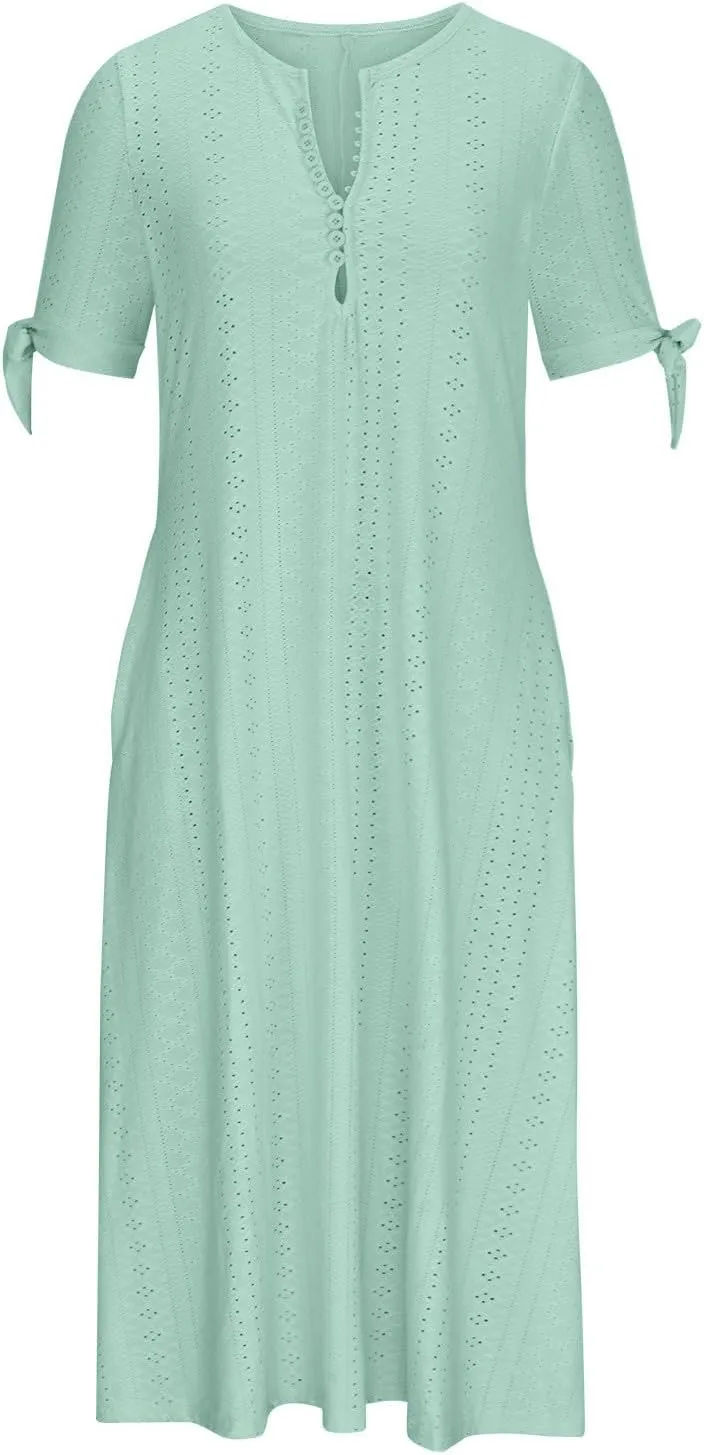 Women Casual Dress with Pocket, Summer Button V Neck Eyelet Midi Dresses Solid Short Sleeve Classy Long Dress