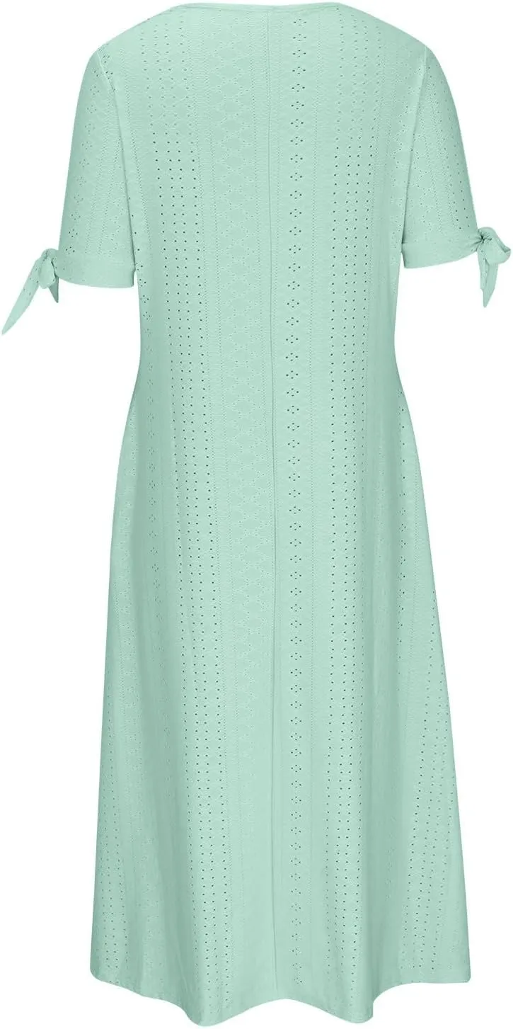 Women Casual Dress with Pocket, Summer Button V Neck Eyelet Midi Dresses Solid Short Sleeve Classy Long Dress
