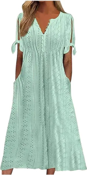 Women Casual Dress with Pocket, Summer Button V Neck Eyelet Midi Dresses Solid Short Sleeve Classy Long Dress