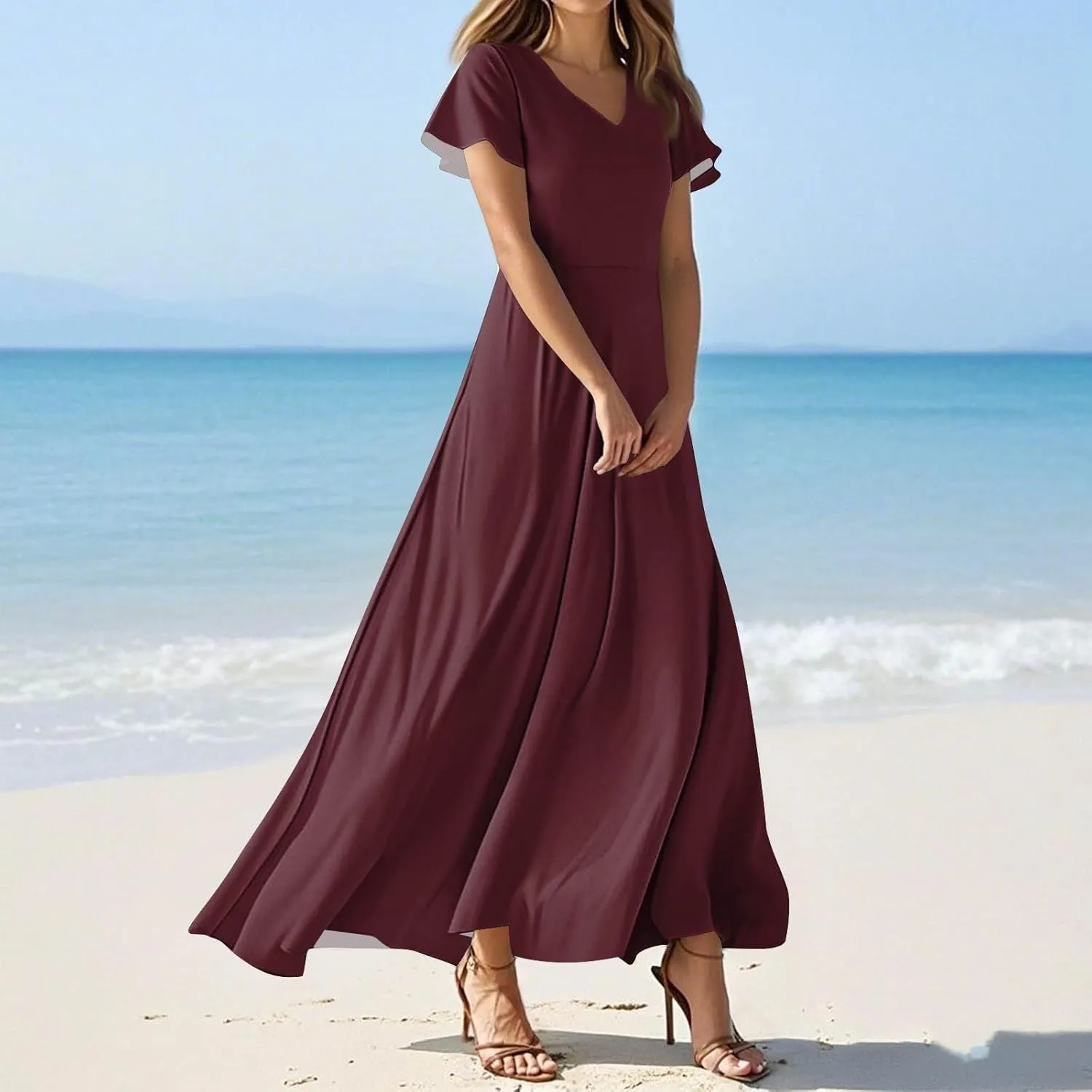 Women Casual Loose Bohemian Floral Dress Short Sleeve A Line Flowy Long Maxi Summer Beach Swing Wedding Guest Dress