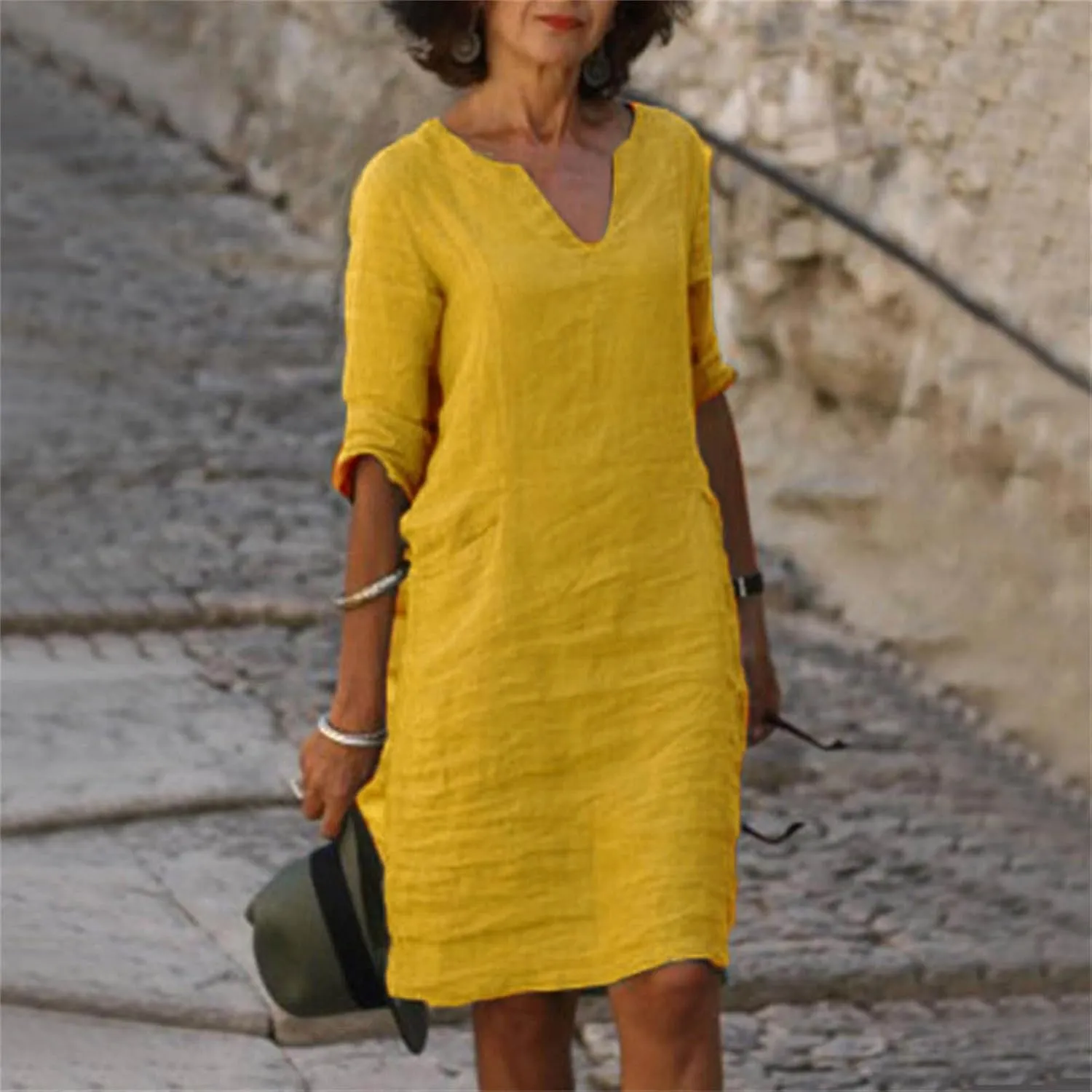 Women Casual Summer Cotton Linen Dresses Vintage 3/4 Sleeve Shirt Derss Beach Sundress Skirt for Women Spring 2025