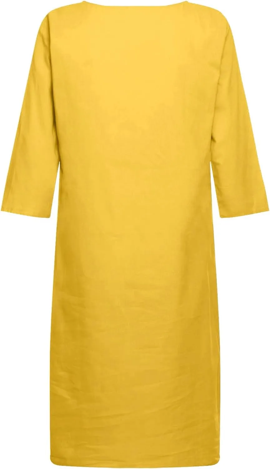 Women Casual Summer Cotton Linen Dresses Vintage 3/4 Sleeve Shirt Derss Beach Sundress Skirt for Women Spring 2025