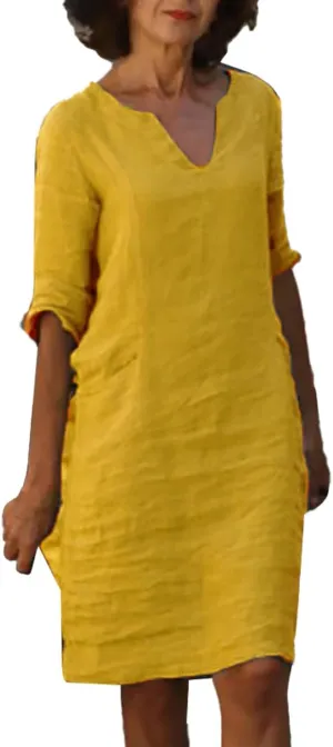 Women Casual Summer Cotton Linen Dresses Vintage 3/4 Sleeve Shirt Derss Beach Sundress Skirt for Women Spring 2025