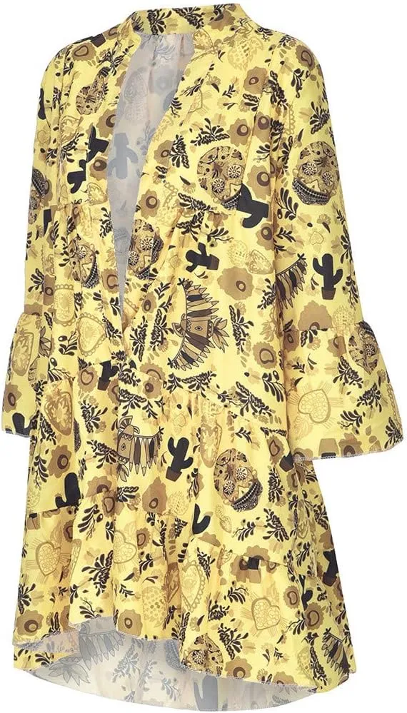 Women Casual Summer Sundress Midi Boho Floral Print Dresses Pretty Long Sleeve V Neck Smocked Ruffle Blouse Dress