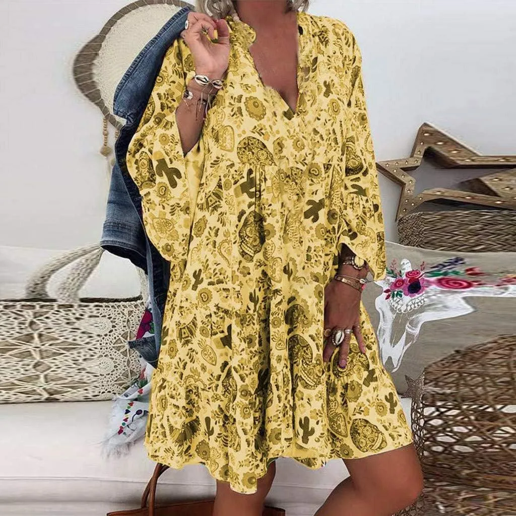 Women Casual Summer Sundress Midi Boho Floral Print Dresses Pretty Long Sleeve V Neck Smocked Ruffle Blouse Dress