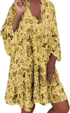 Women Casual Summer Sundress Midi Boho Floral Print Dresses Pretty Long Sleeve V Neck Smocked Ruffle Blouse Dress