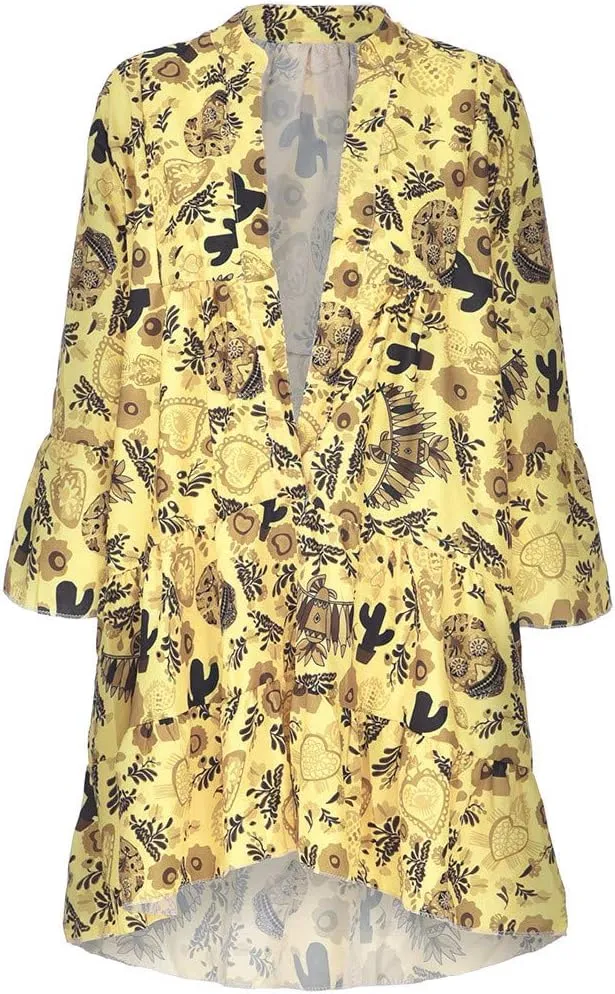 Women Casual Summer Sundress Midi Boho Floral Print Dresses Pretty Long Sleeve V Neck Smocked Ruffle Blouse Dress