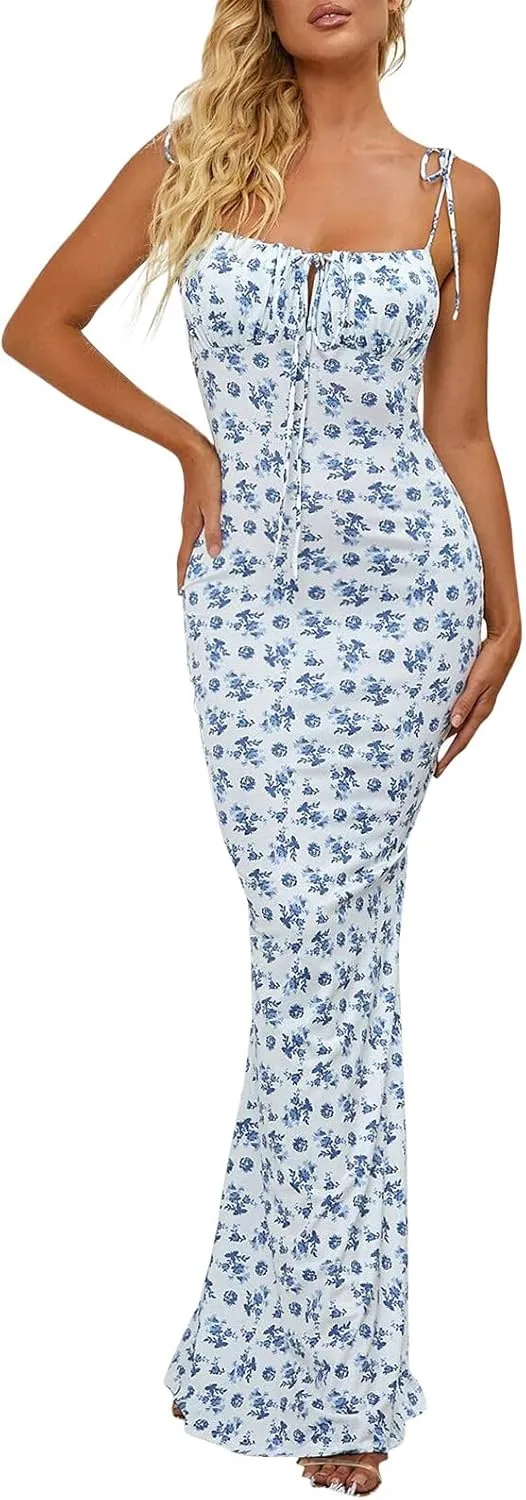 Women Corset Dress Summer Sleeveless Floral Maxi Dresses Sexy Spaghetti Strap Milkmaid Dress Vacation Bustier Dresses