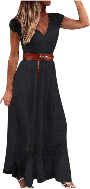 Women Crochet Lace Bohemian Dress Casual V Neck Cap Sleeve Pleated Swing Beach Sundress Maxi Wedding Guest Dresses