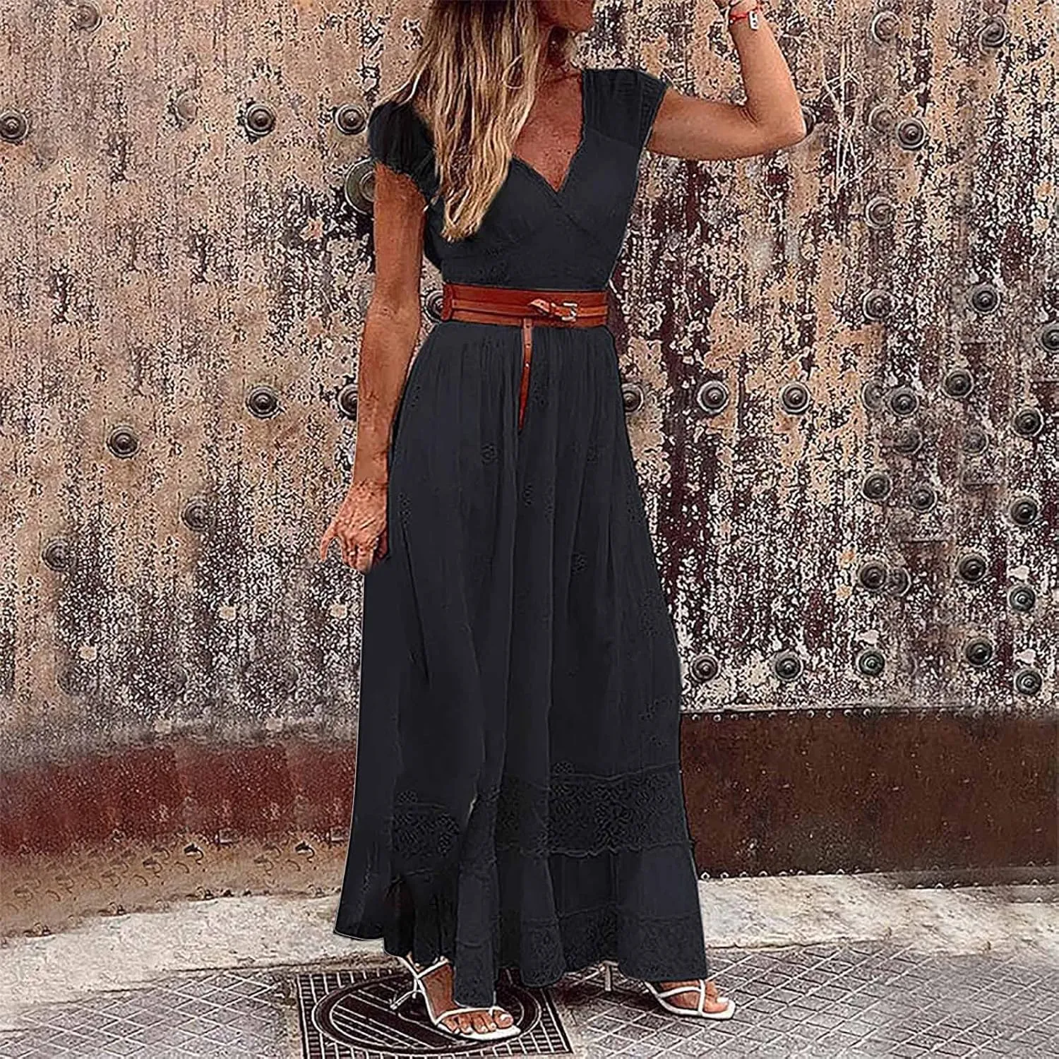 Women Crochet Lace Bohemian Dress Casual V Neck Cap Sleeve Pleated Swing Beach Sundress Maxi Wedding Guest Dresses