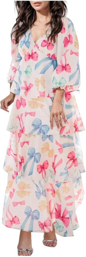 Women Dresses Spring Summer Knot Front V Neck Ruffles Long Sleeve Floral Print Swing Mini Dress Colorful Bow Print Maxi Dress