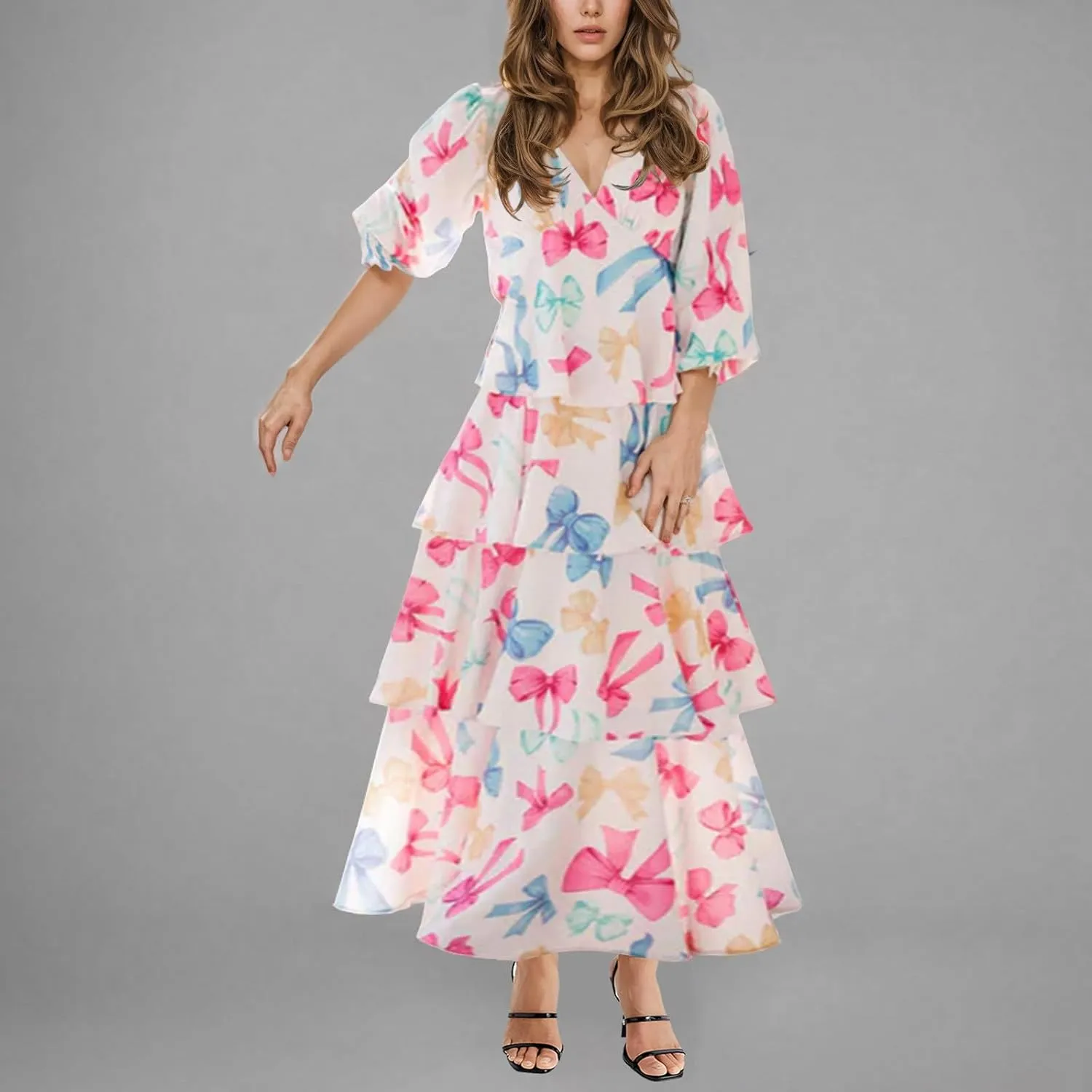 Women Dresses Spring Summer Knot Front V Neck Ruffles Long Sleeve Floral Print Swing Mini Dress Colorful Bow Print Maxi Dress
