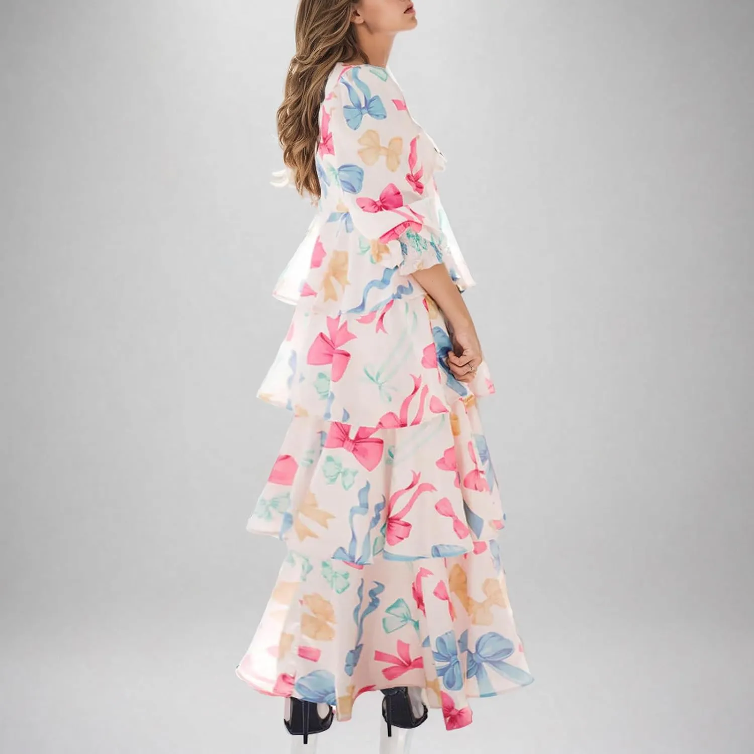 Women Dresses Spring Summer Knot Front V Neck Ruffles Long Sleeve Floral Print Swing Mini Dress Colorful Bow Print Maxi Dress