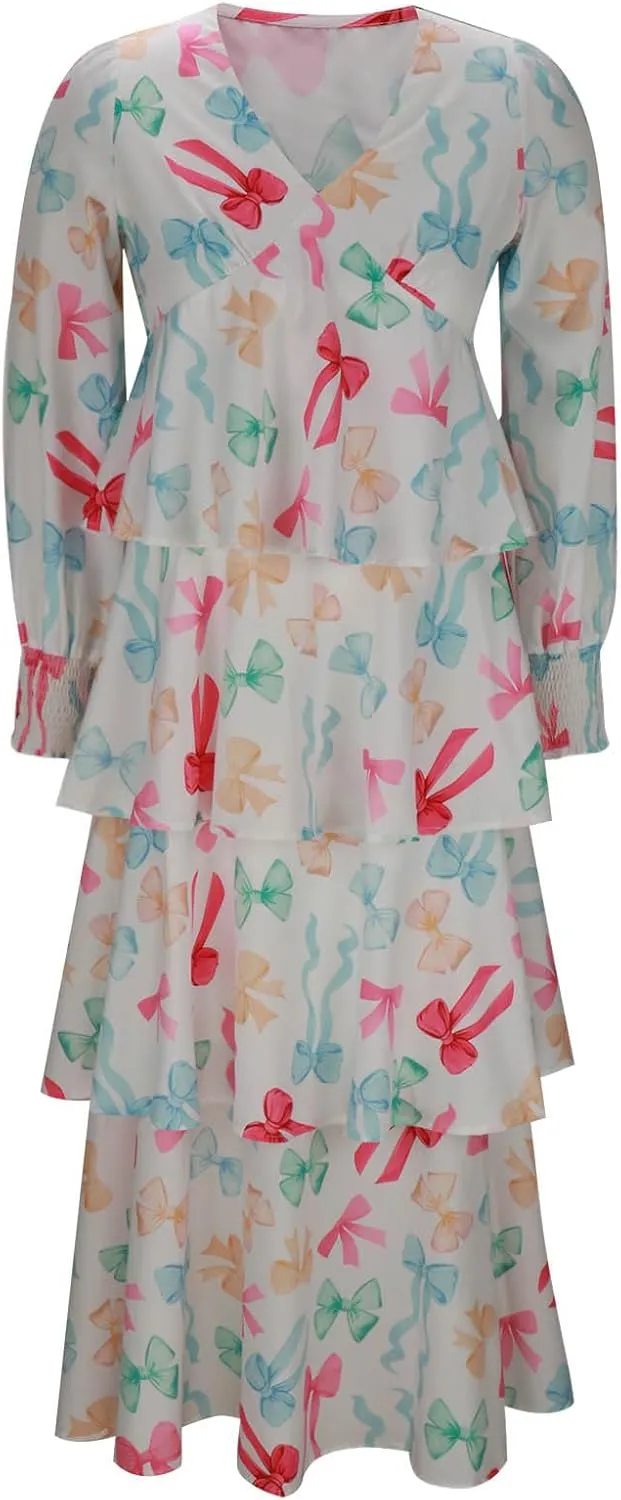 Women Dresses Spring Summer Knot Front V Neck Ruffles Long Sleeve Floral Print Swing Mini Dress Colorful Bow Print Maxi Dress