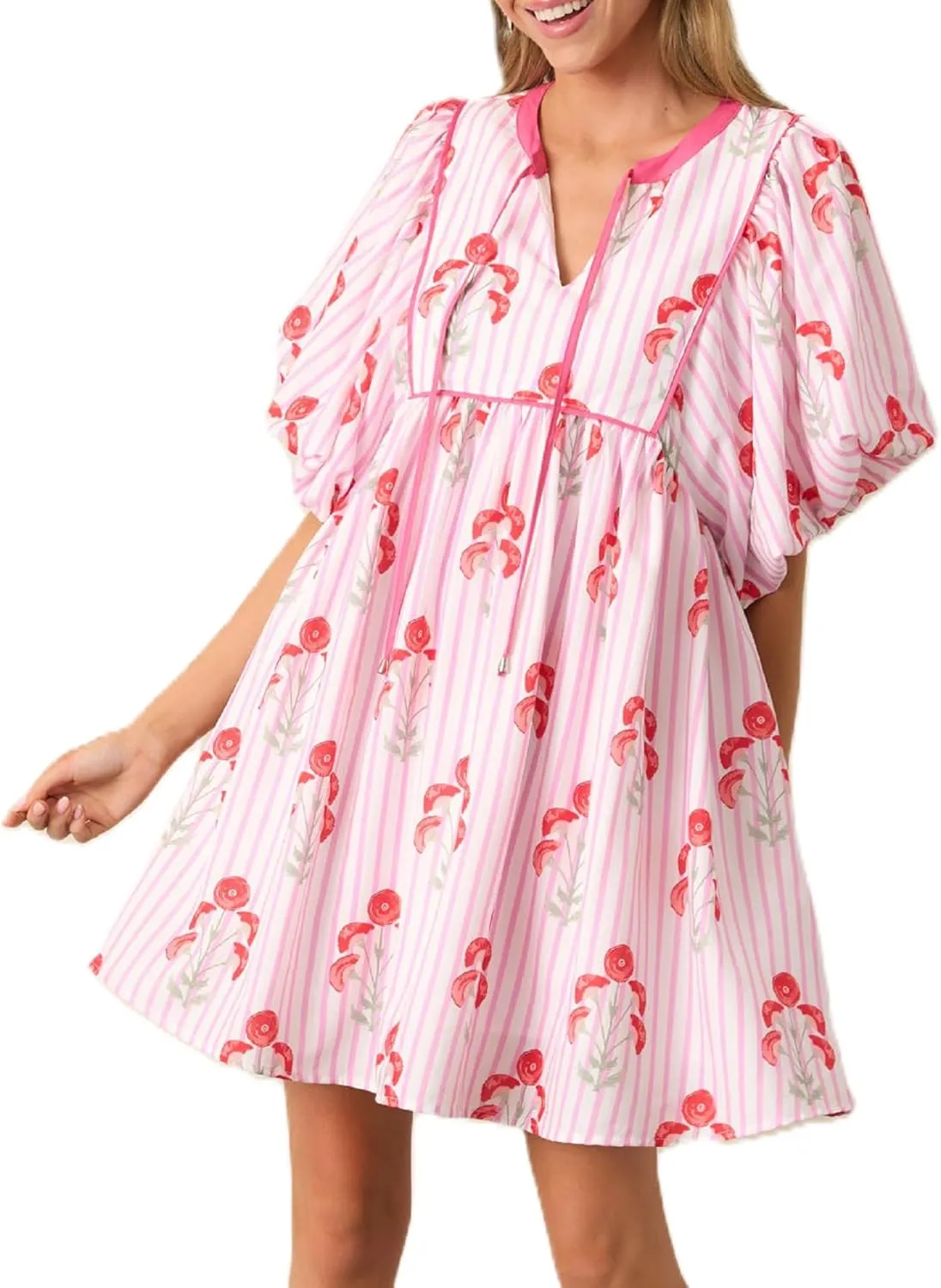 Women Floral Puff Short Sleeve Mini Dress Cute Boho Loose Fit Short Dresses Casual A Line Beach Vocation Sun Dress