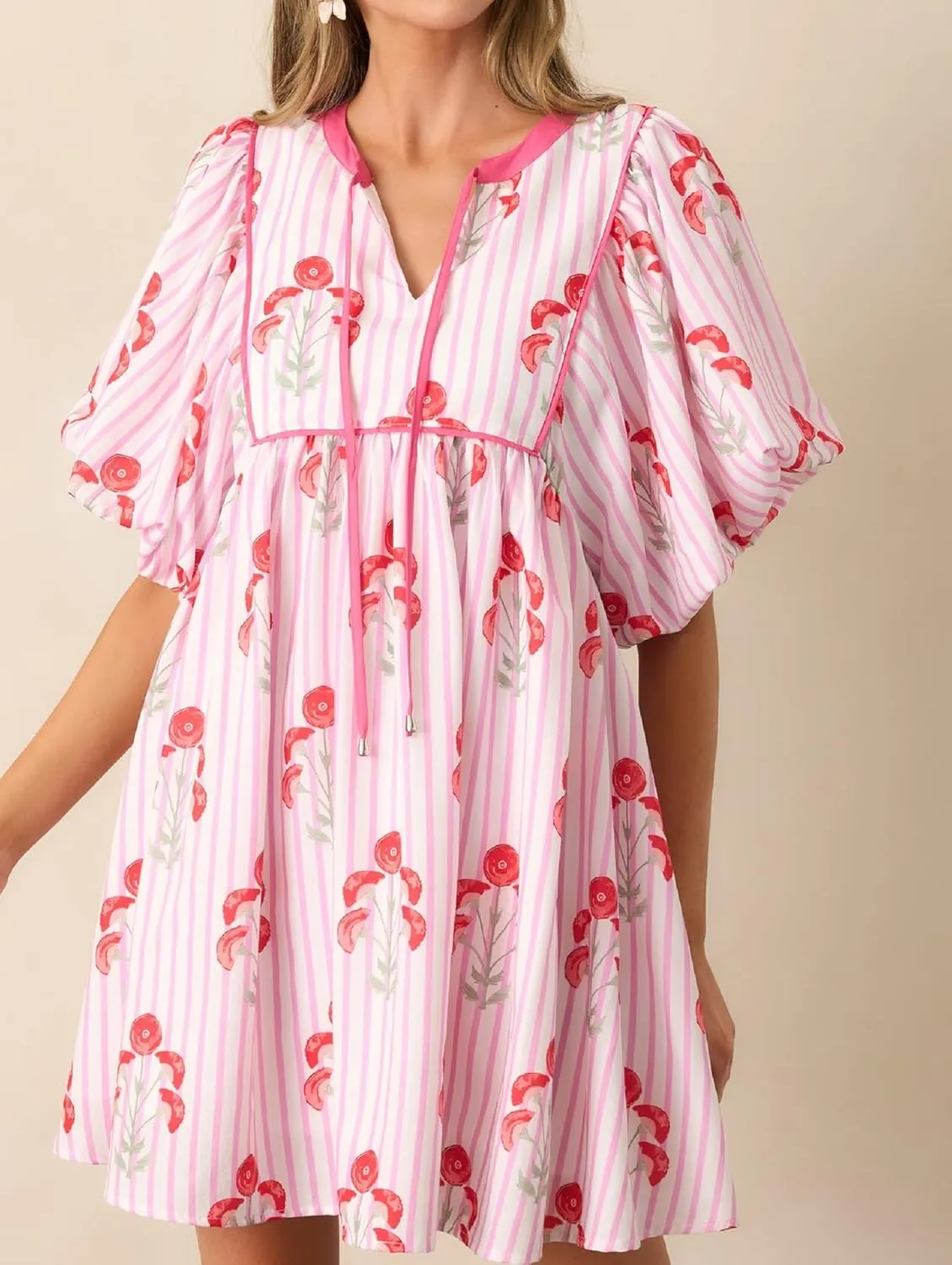 Women Floral Puff Short Sleeve Mini Dress Cute Boho Loose Fit Short Dresses Casual A Line Beach Vocation Sun Dress