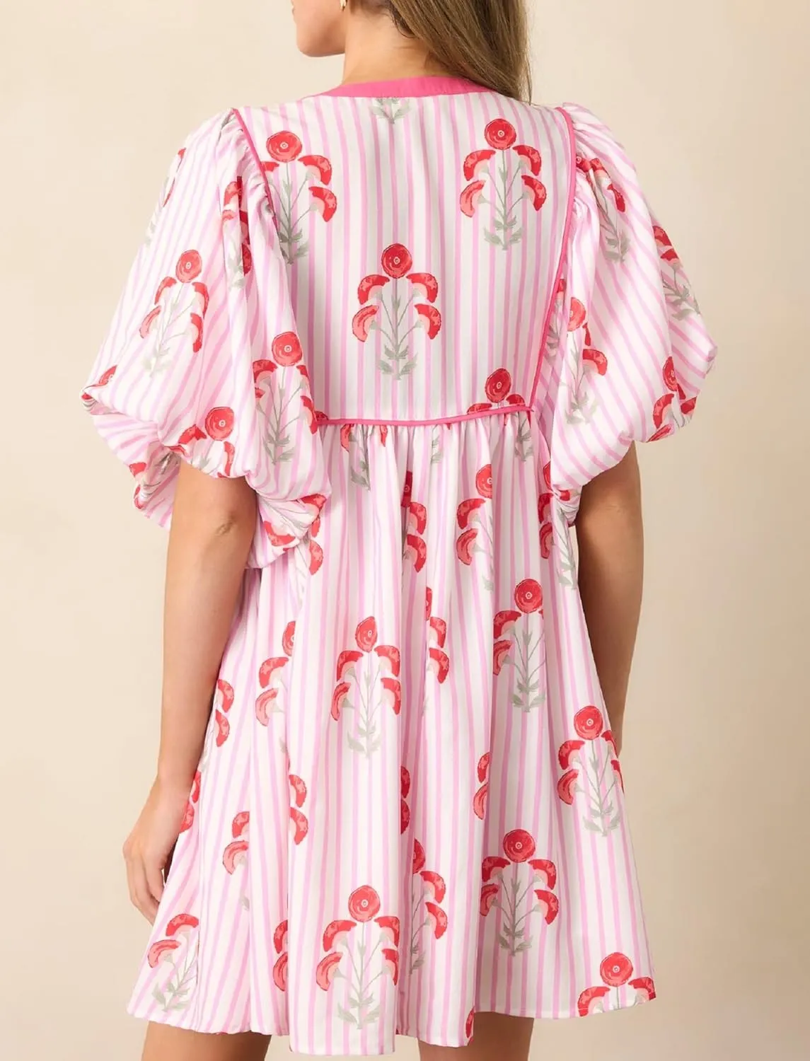 Women Floral Puff Short Sleeve Mini Dress Cute Boho Loose Fit Short Dresses Casual A Line Beach Vocation Sun Dress