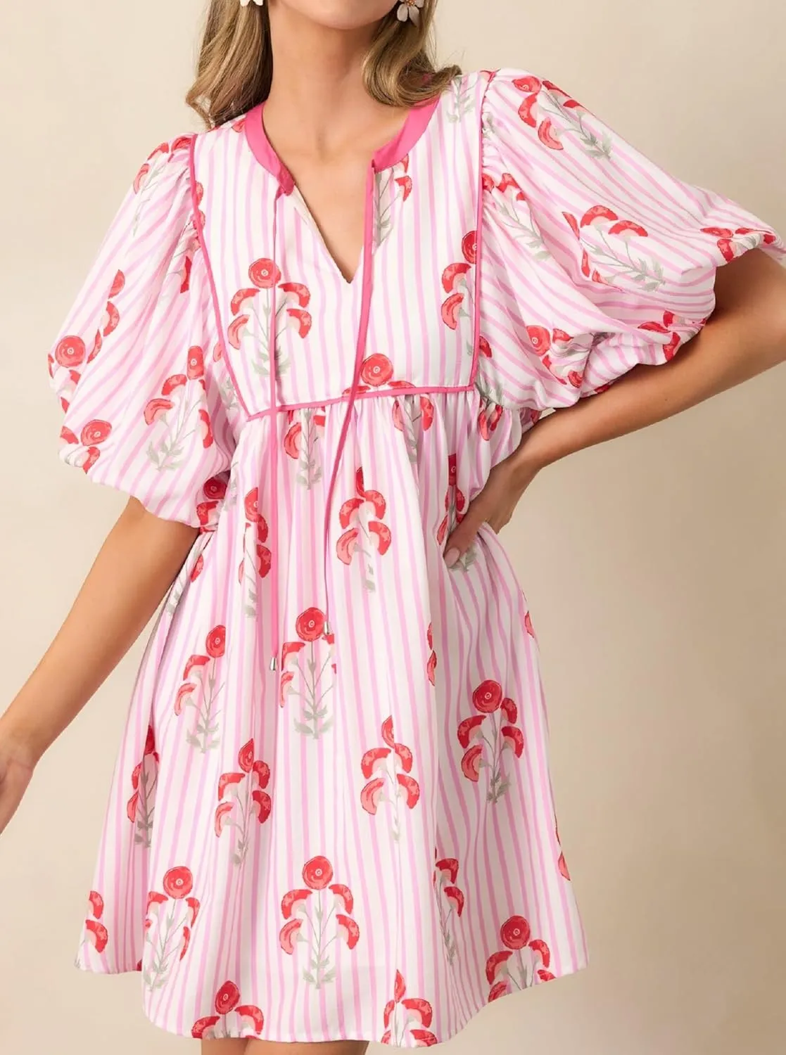 Women Floral Puff Short Sleeve Mini Dress Cute Boho Loose Fit Short Dresses Casual A Line Beach Vocation Sun Dress