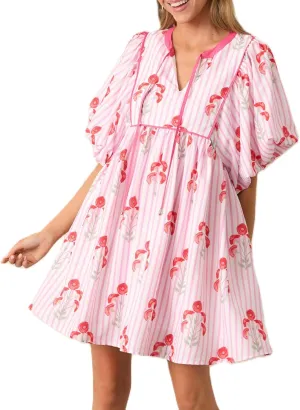 Women Floral Puff Short Sleeve Mini Dress Cute Boho Loose Fit Short Dresses Casual A Line Beach Vocation Sun Dress