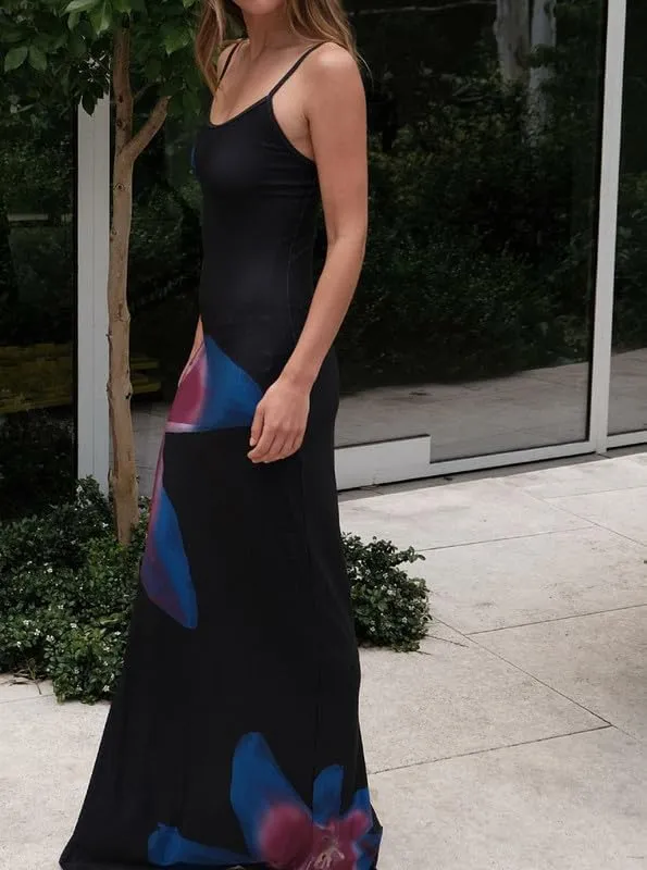 Women Floral Spaghetti Strap Maxi Dress Boho Sleeveless Slim Fit Long Slip Dress Elegant Bodycon Summer Sundress