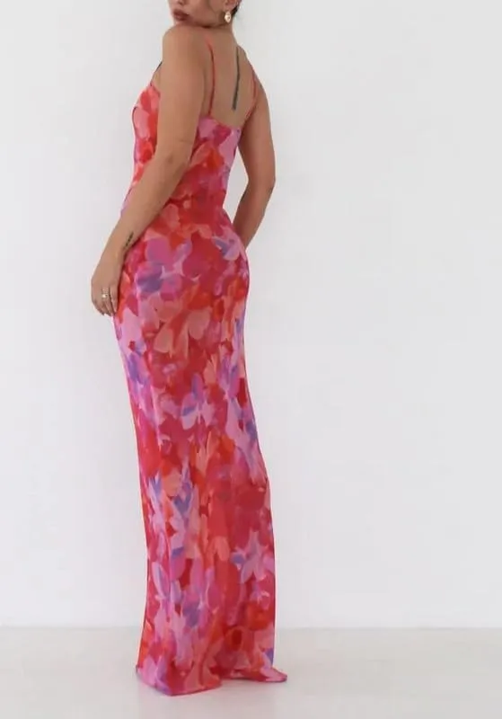 Women Floral Spaghetti Strap Maxi Dress Boho Sleeveless Slim Fit Long Slip Dress Elegant Bodycon Summer Sundress