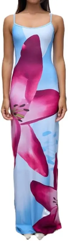 Women Floral Spaghetti Strap Maxi Dress Boho Sleeveless Slim Fit Long Slip Dress Elegant Bodycon Summer Sundress